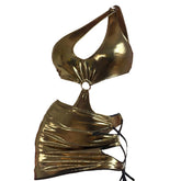 Traje de baño de una pieza con encaje y anillo metálico en O, de un solo hombro y falda de playa